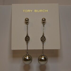 Tory Burch ‘Pearl & Logo’ Drop, Silver Tone Earrings, Brand New.